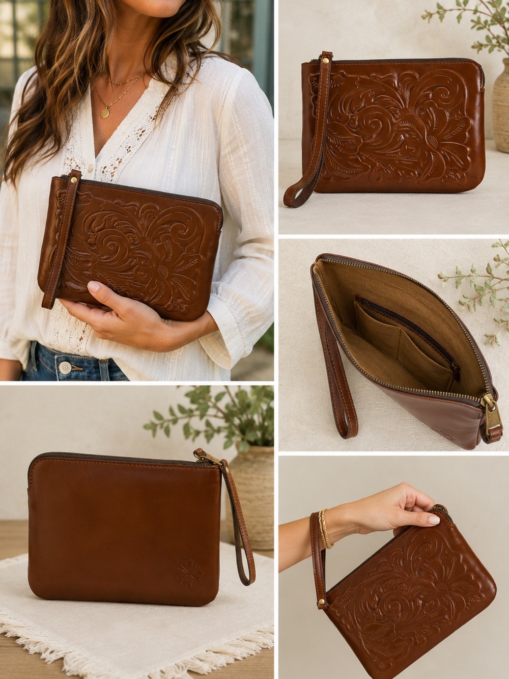 NWT Patricia Nash Embossed Floral Leather Wristlet Clutch in Brown